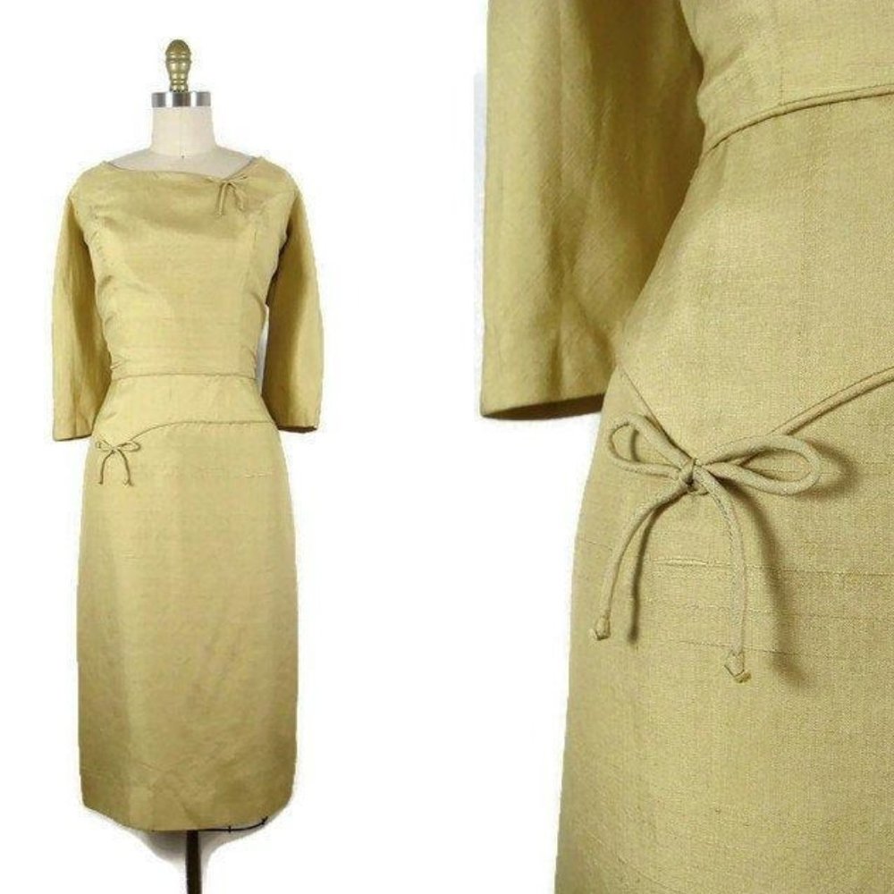 Vintage 1950s Muted Gold Maize Silk Cocktail Dress